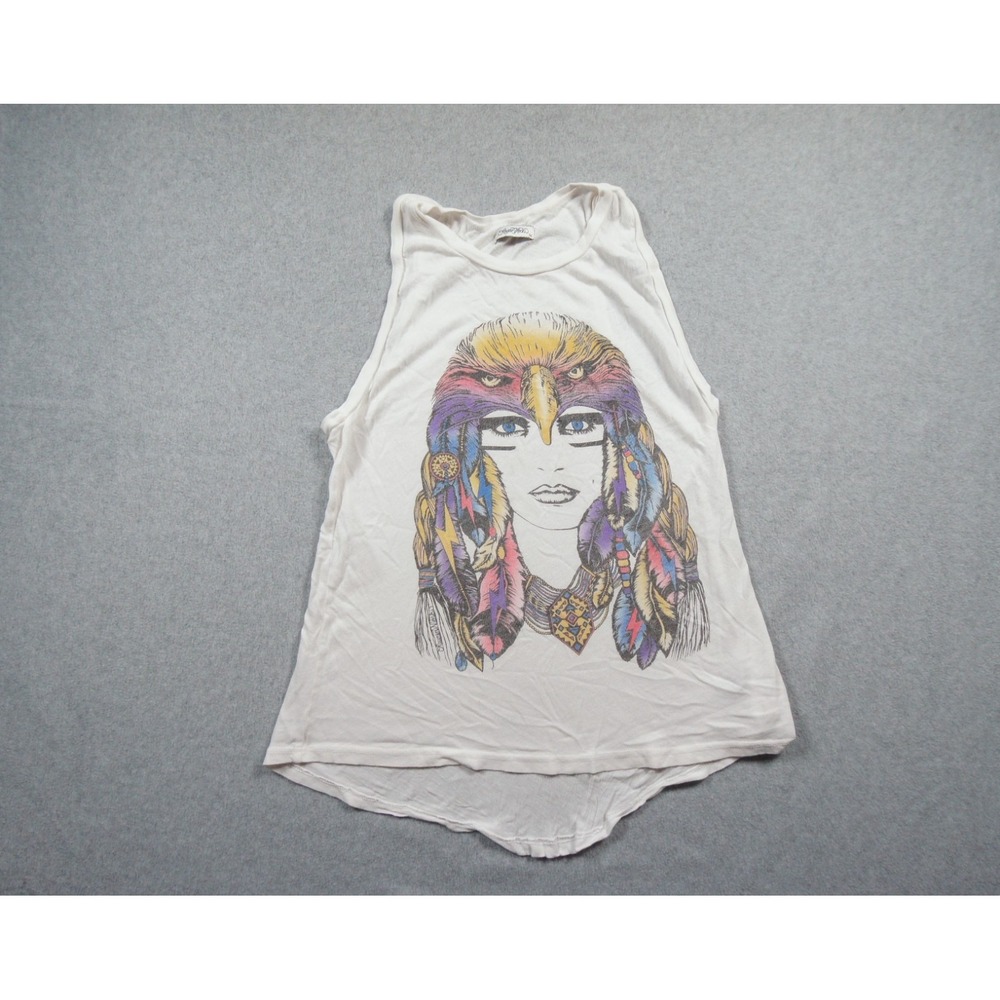 Lauren Moshi Shirt Womens XS White Graphic Sleeveless Boho Feather Art Tank Top - Picture 1 of 8